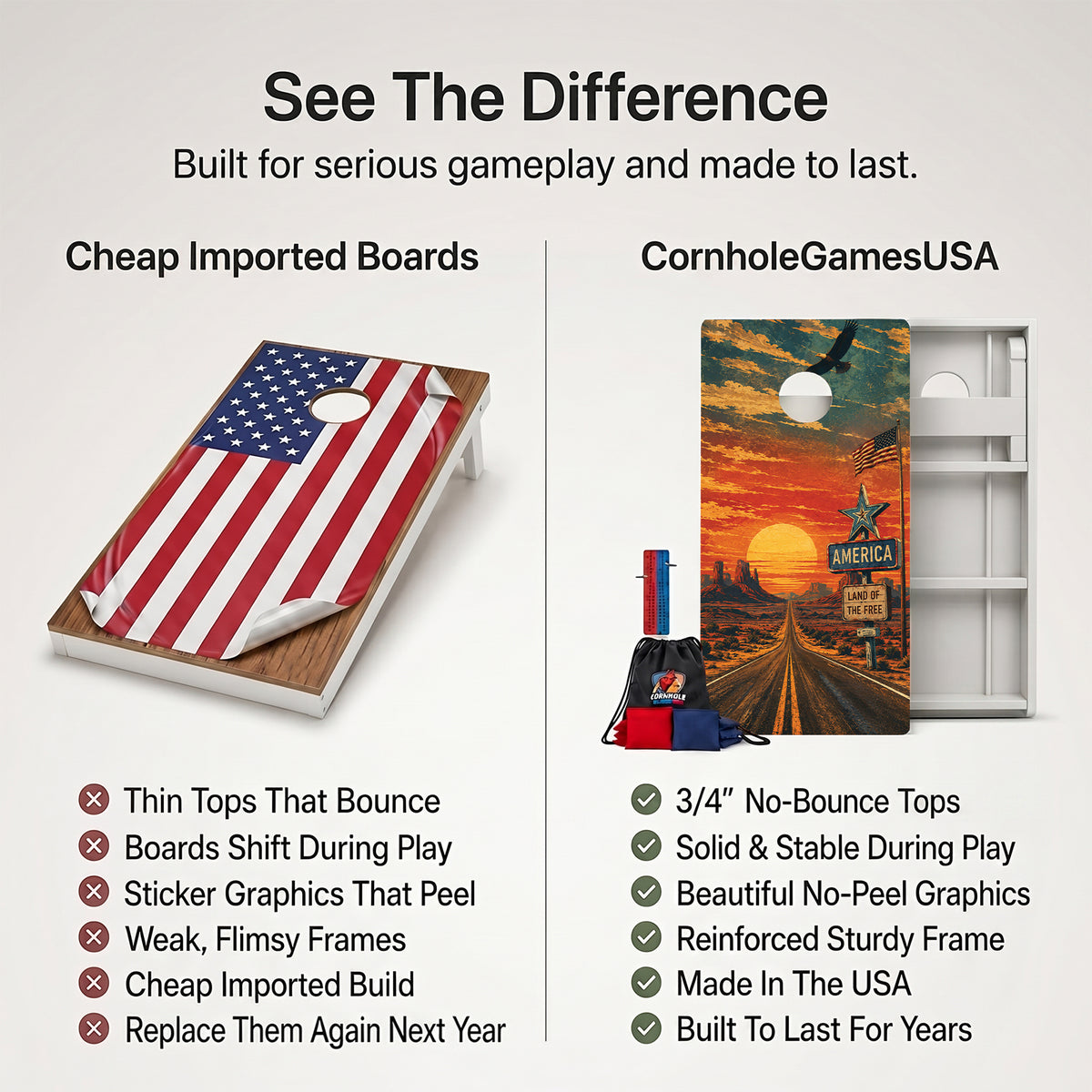 A promotional comparison graphic for cornhole boards and bags. The left side shows a wooden board with an American flag print under the heading 'Cheap Imported Boards' and a list of drawbacks.