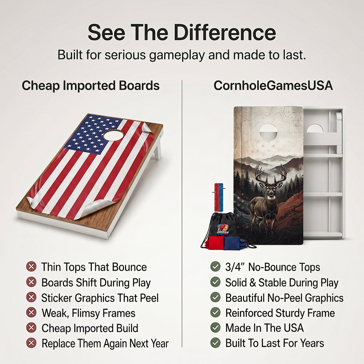 A promotional comparison graphic for cornhole boards and bags. The left side shows a wooden board with a U.
