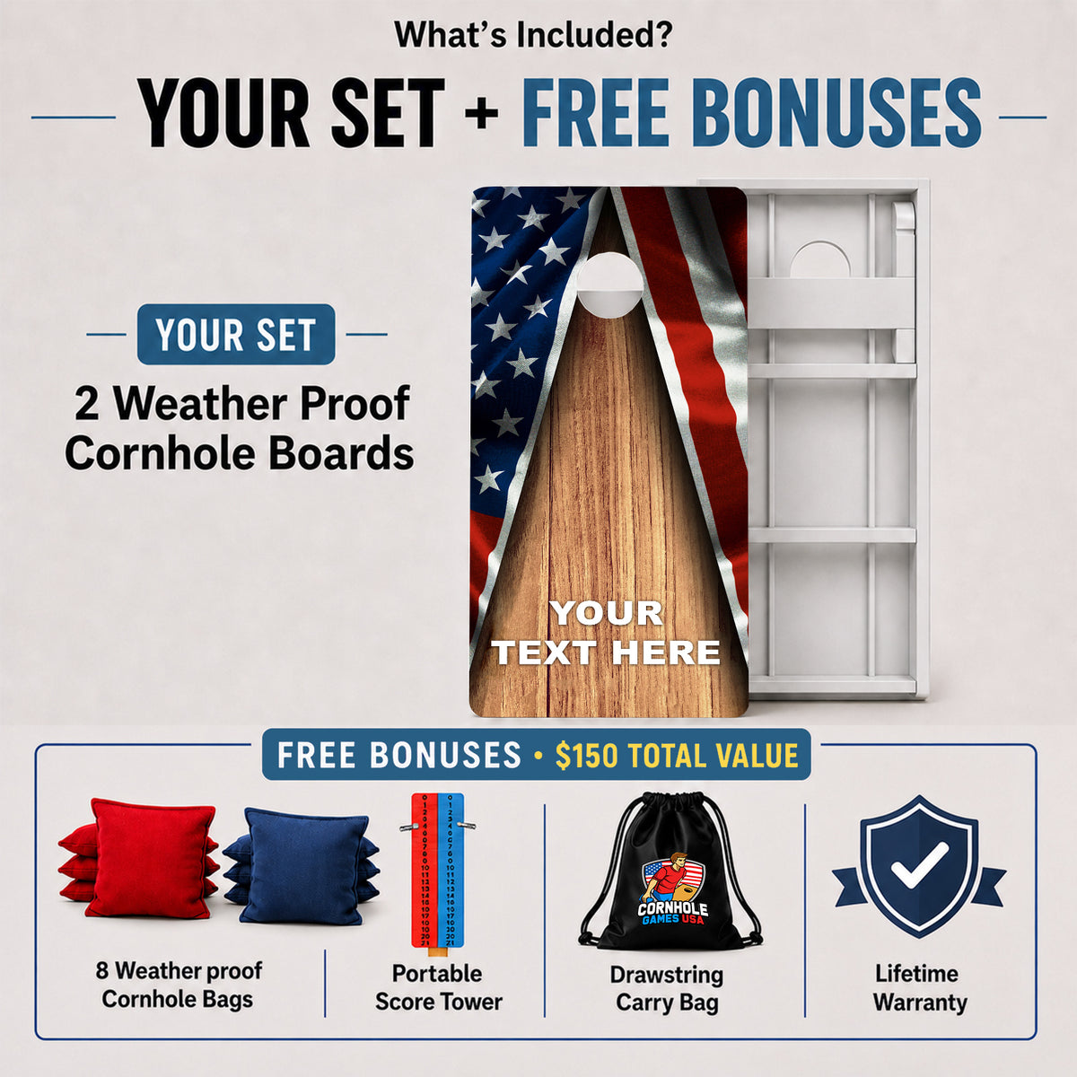 Weather proof Personalized Patriotic cornhole board set and included free bonus accessories.