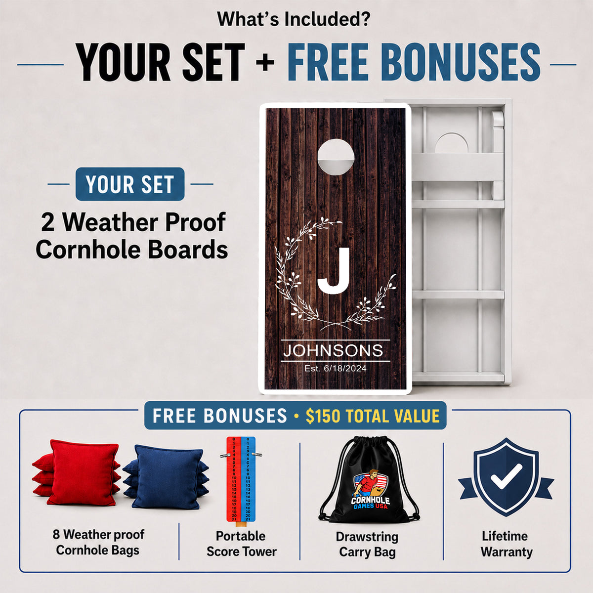 Weather proof Personalized Wedding cornhole board set and included free bonus accessories.